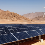 **

A vibrant solar power plant in Jordan against a backdrop of desert mountains. Include elements of sustainable development, showcasing clean energy and technological advancement in the Middle East. Capture the hopeful future of renewable energy in the Arab world.

**