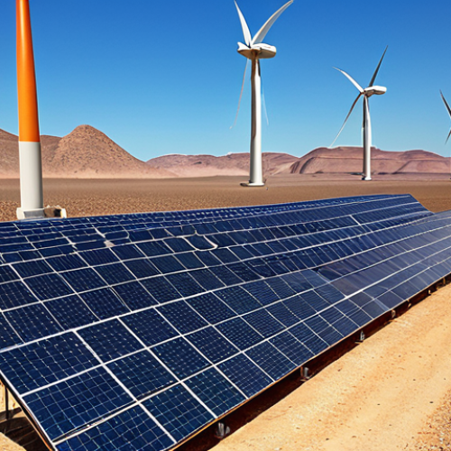 **

A vibrant solar power plant in a desert landscape, with solar panels stretching towards the horizon. In the background, wind turbines are spinning. The sky is clear blue, symbolizing clean energy. Focus on conveying technological advancement and hope for the future.

**