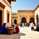 **

A vibrant scene showcasing a restored historical building in an old Arab city. Artisans are working on traditional crafts in the foreground, with modern tourists observing and interacting. The overall feel is a blend of tradition and modernity, highlighting economic opportunities created through cultural preservation. Focus on warm, inviting colors and authentic details.

**