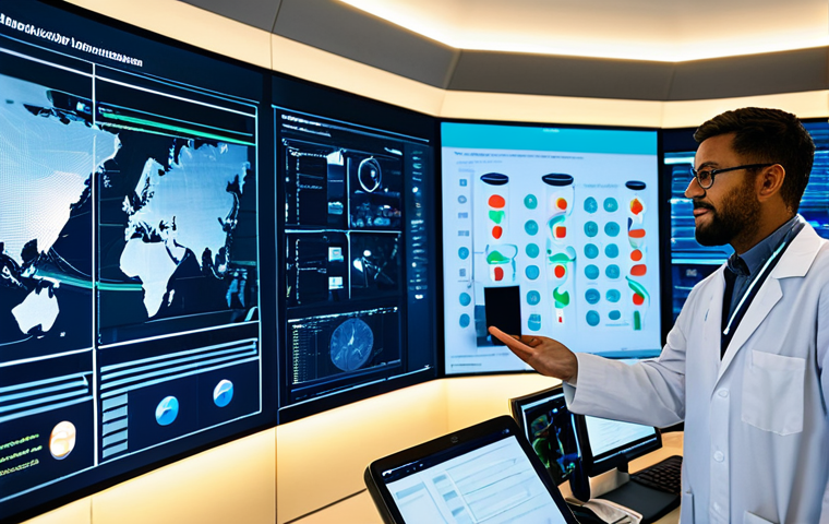 An diverse team of healthcare professionals, including a male doctor and a female data scientist, collaborating in a clean, modern medical research facility. They are gathered around a large interactive digital screen displaying medical insights and patient data. The background features sleek, advanced diagnostic equipment and glowing interfaces, representing cutting-edge digital health technology. The atmosphere is one of focused innovation and shared progress towards accessible healthcare solutions. All subjects are fully clothed in professional, modest attire. The image should convey perfect anatomy, correct proportions, natural pose, well-formed hands, proper finger count, natural body proportions. safe for work, appropriate content, professional, family-friendly, high quality professional photography, ultra detailed.
