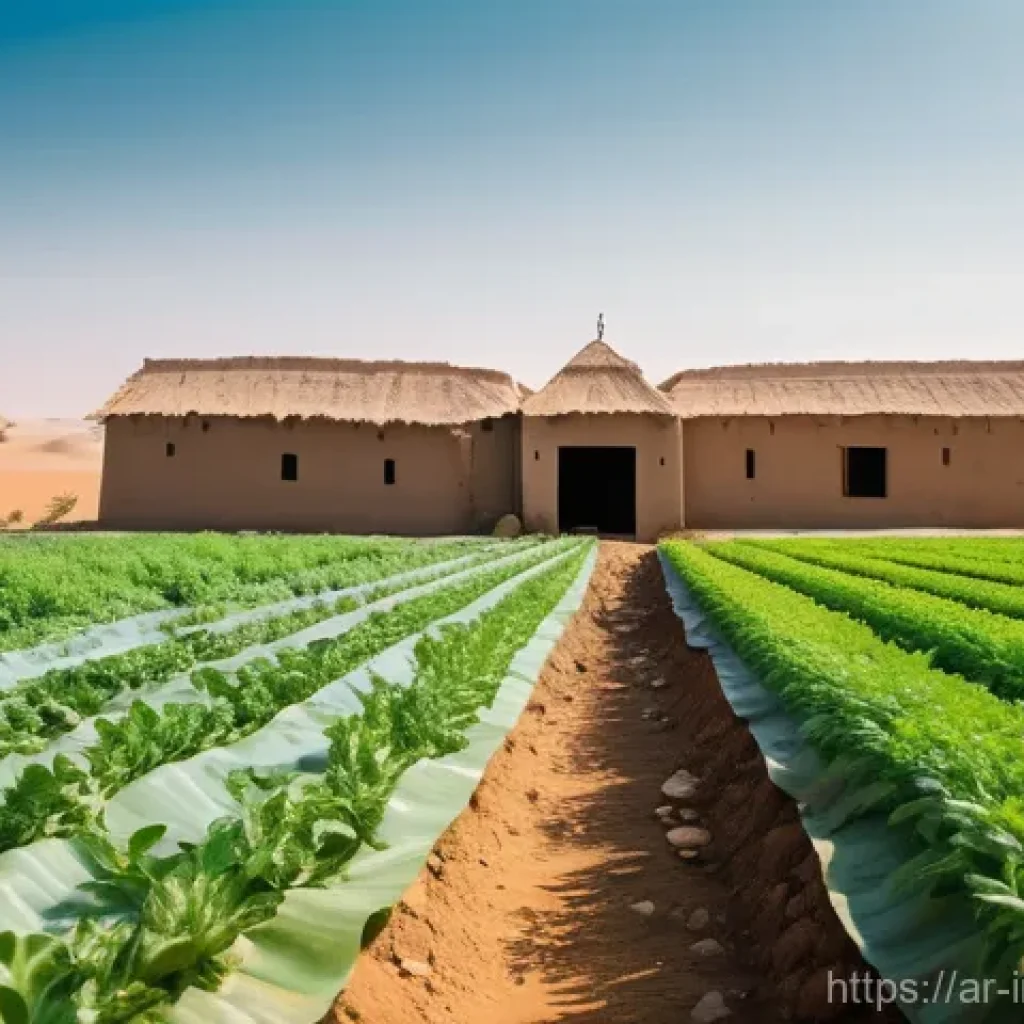 임팩트 투자로 인한 사회적 변화 - **Prompt:** A visually rich, wide-angle shot of a flourishing oasis farm in a semi-arid Arab landsca...