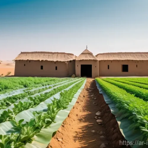임팩트 투자로 인한 사회적 변화 - **Prompt:** A visually rich, wide-angle shot of a flourishing oasis farm in a semi-arid Arab landsca...