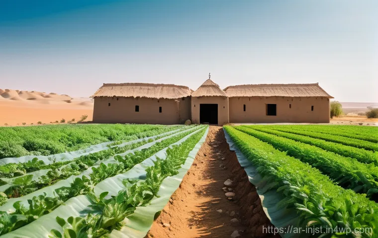 임팩트 투자로 인한 사회적 변화 - **Prompt:** A visually rich, wide-angle shot of a flourishing oasis farm in a semi-arid Arab landsca...