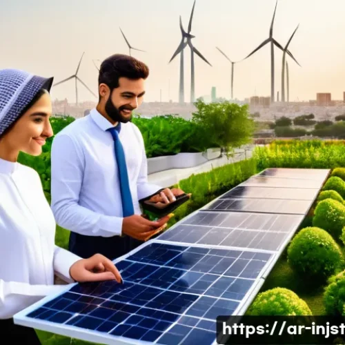 Home 32 임팩트 투자와 지속 가능한 금융 - A vibrant urban rooftop garden in a Middle Eastern cityscape at sunset, showcasing solar panels and ...