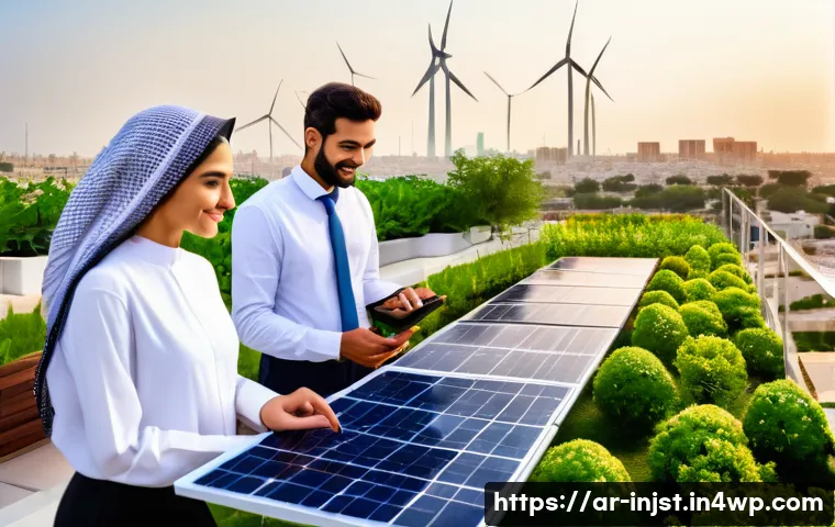 임팩트 투자와 지속 가능한 금융 - A vibrant urban rooftop garden in a Middle Eastern cityscape at sunset, showcasing solar panels and ...