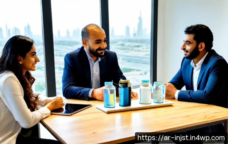 임팩트 투자와 새로운 시장 창출 - Photorealistic impact investment meeting in a modern Gulf Arab business incubator, diverse Arab entr...