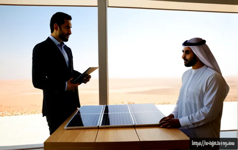 임팩트 투자와 투자자의 책임 - Photorealistic impact investing scene in a modern Gulf Arab financial office, an Arab investor in mo...