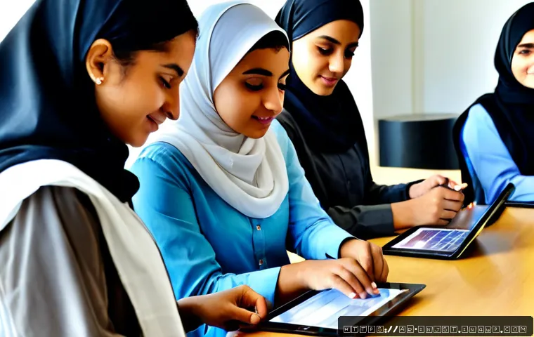 임팩트 투자 사례  교육 기술 - Photorealistic impact investment scene in a modern Gulf-region educational technology center, divers...