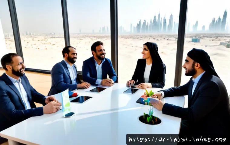 임팩트 투자와 비즈니스 생태계 - Photorealistic impact investment meeting in a modern sunlit office in Dubai, diverse Arab entreprene...